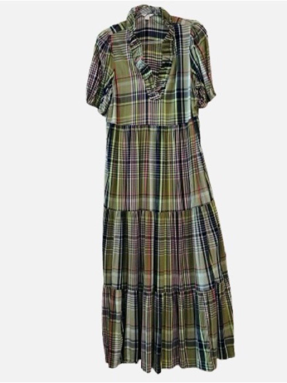 Crown & Ivy Plaid Tiered Maxi Dress Ruffle Neck Puff Sleeves Pockets L